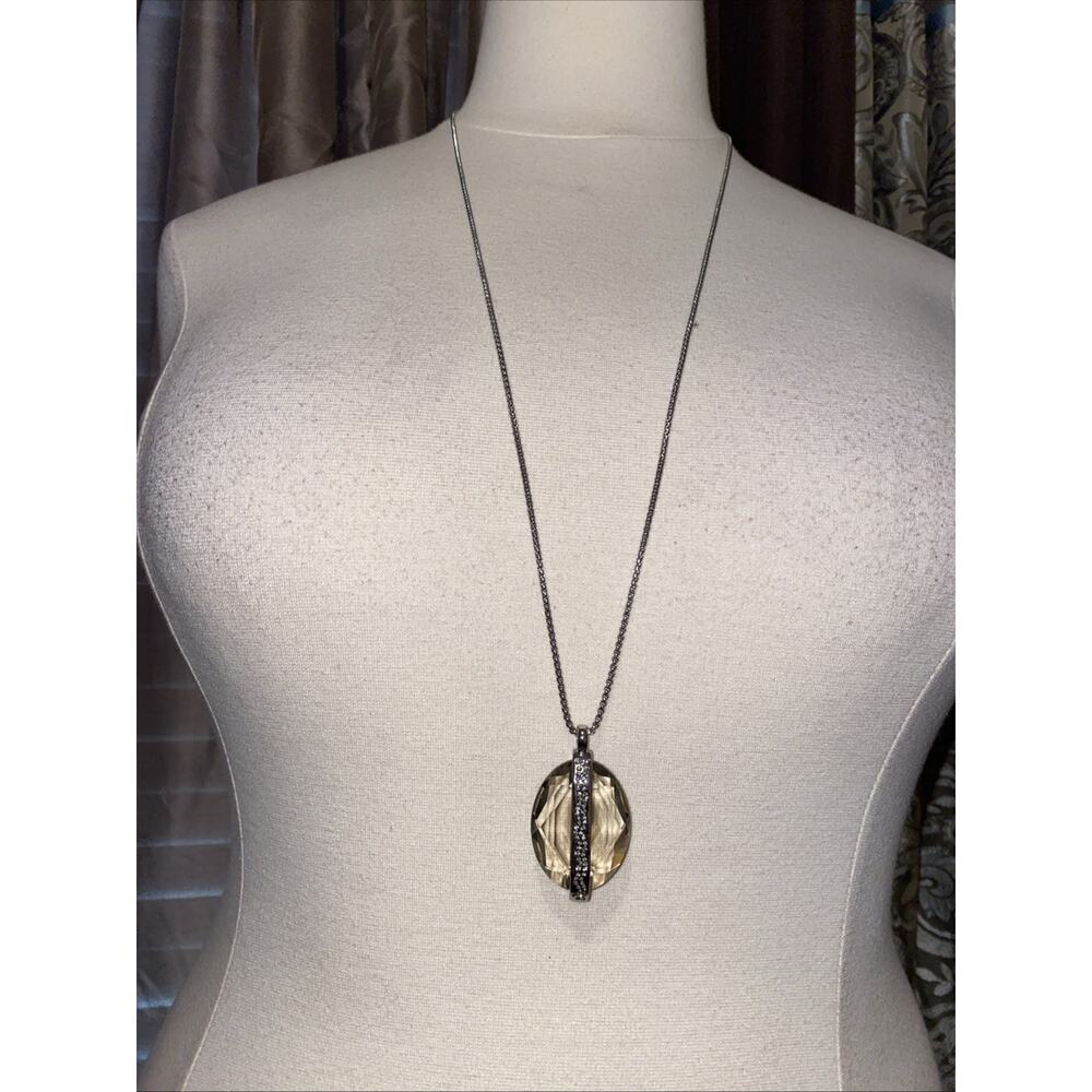 Chicos Silver Tone Necklace With Smoke Chrystal Pendant Adjustable Up To 36”